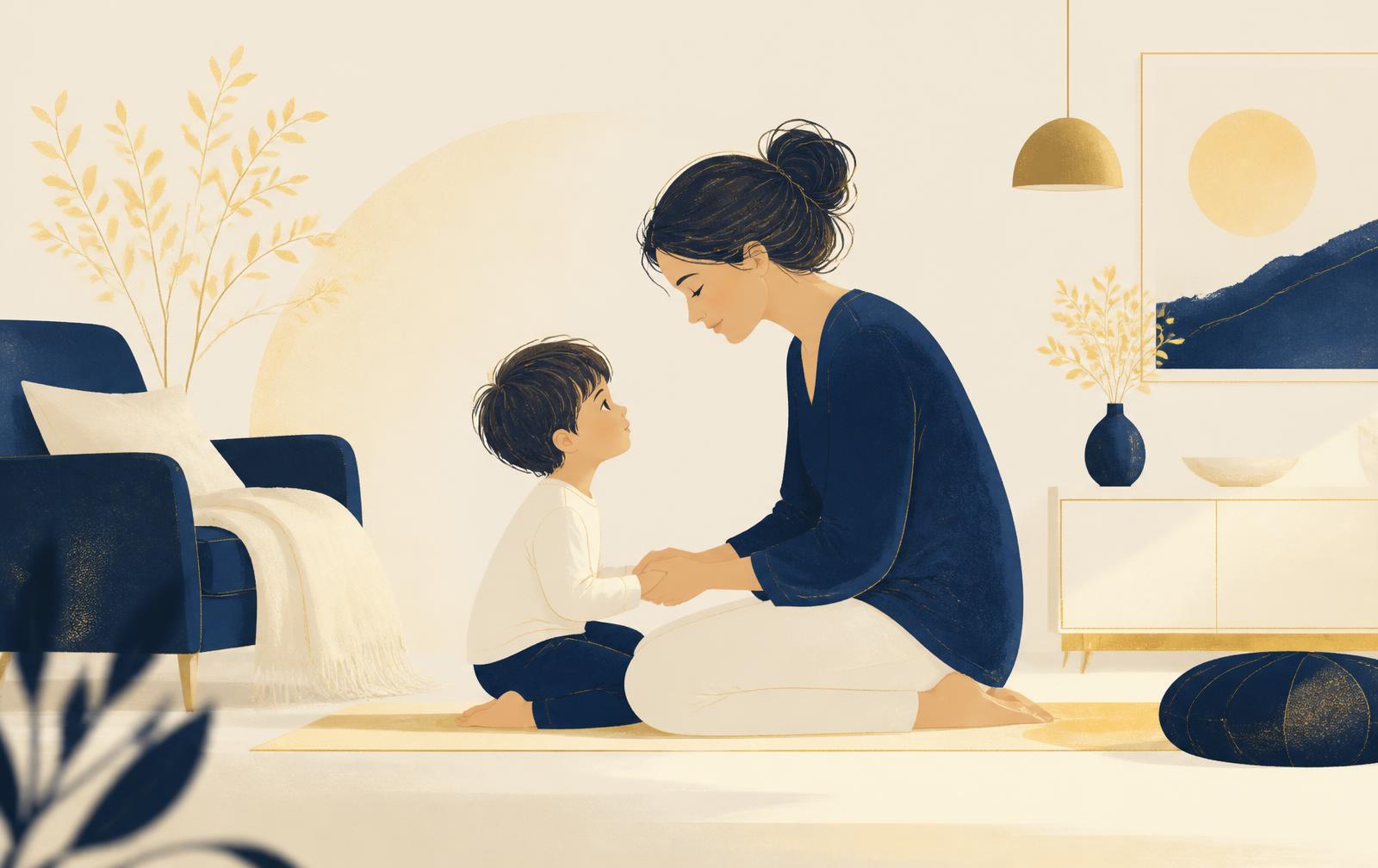 Un parent accroupi tient doucement les mains de son enfant dans un salon apaisé